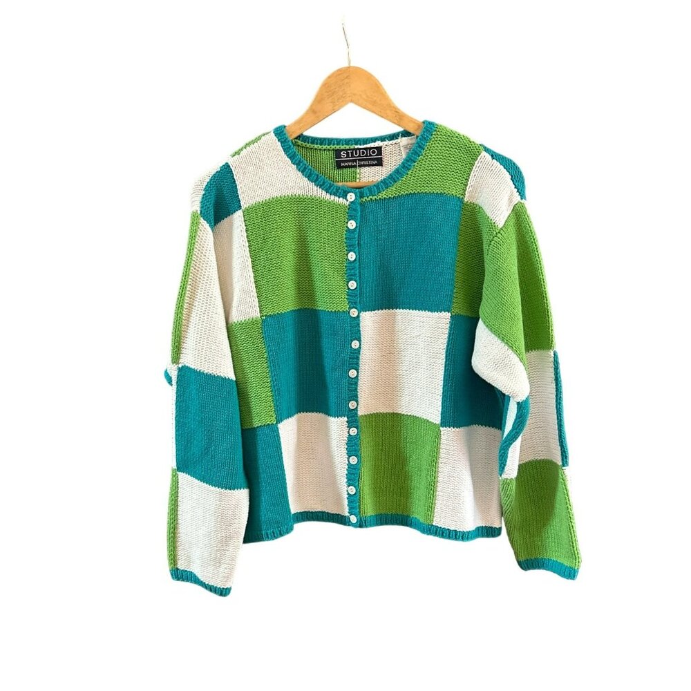 Vintage Studio Marisa Christina Checkered Cotton Cardigan Sweater Sz L Deadstock